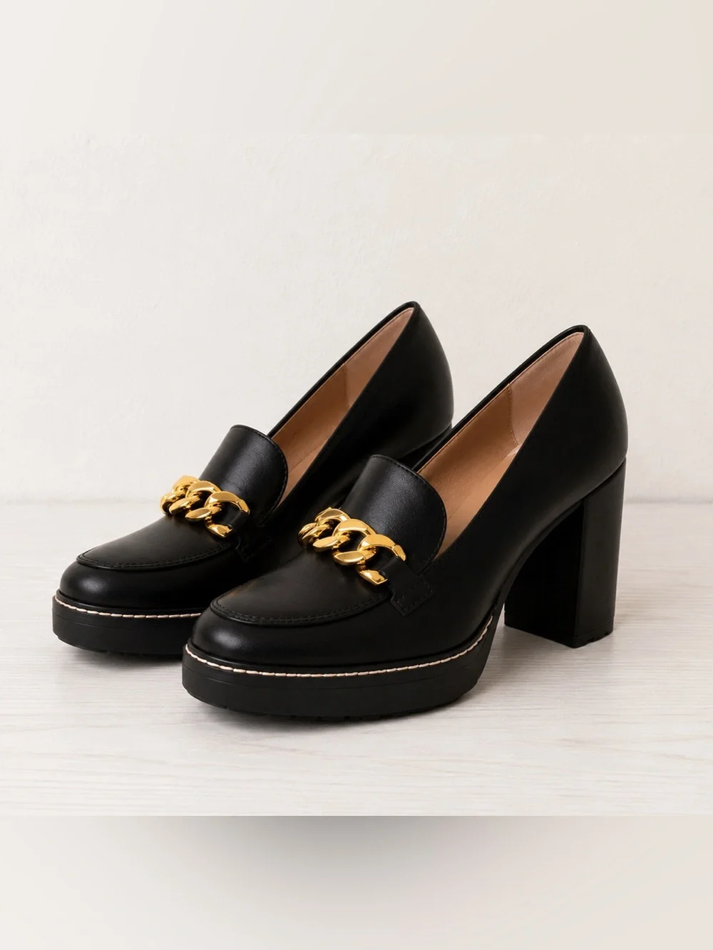 Naturalizer Black Platform Gold Chain Chunky Block 3” Heel Leather Loafers 6.5